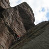 Jesse working the upper dihedral of A Shadow Sickness - nice layback sections with fun, juggy face climbing in between.