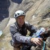 Roland at the belay above the 5.9 dihedral on P1.