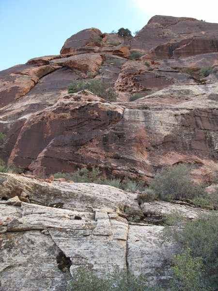 Above pitch 10, follow broken rock for a couple of pitches to the summit cairn of Mescalito. Lower fifth class.