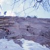 Doug Fosdick during a very short-lived winter attempt on Toe Crack and the Standard Route. January 1975.