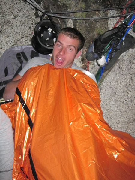 Bivy on a ledge in the middle of pitch 13 on Royal Arches