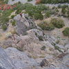 Looking back down at Brett on the top of the pitch one tower. He is about to make the "Leap of Faith"