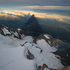 The amazing shadow of Poincenot from the summit. FitzRoy's shadow on the left.