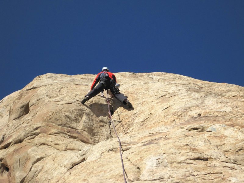 Chris on the crux section of P5