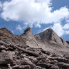 Tower Two, Tower One (Keyboard of the Winds) and the Southwest Ridge of Long's Peak as they appear after gaining the crest of the south ridge of the Dark Tower.