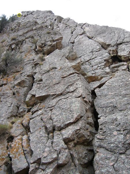 View from the bottom of the climb (above and south 5.8 Wall). First belay station marked.<br>
<br>
Choose your crack!