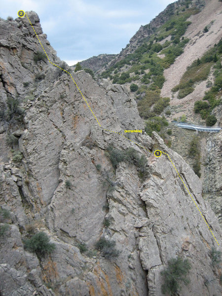 View of the upper portion of the Upper 5.8 Wall looking down from the top of Utah Wall. The two belay stations are seen.