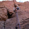 Marcy on the FA of El Throatchoker Grande, just above the pod. Photo by Geir.