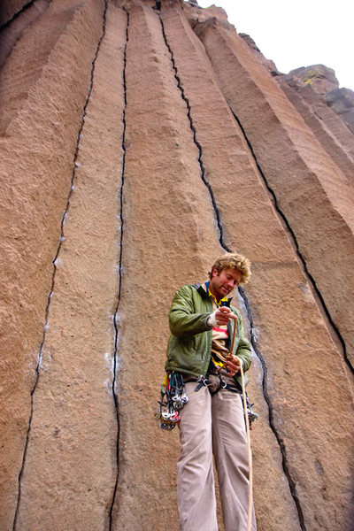 Tim gearing up.  Mr. Squiggles is the obvious squiggly hand crack immediately behind him.<br>
<br>
Suzuki is the double finger crack route just to the left.