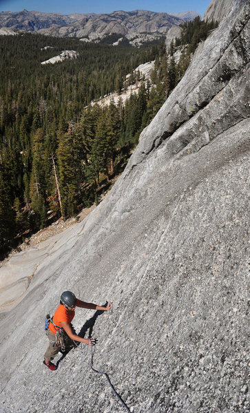 Near the top of pitch 2.  The bolt she just unclipped is hard to see from below.