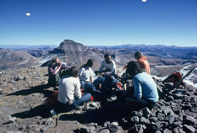 On top of Wetterhorn, the big Unc in the background - Fall 1972.<br>
<br>
In the orange jacket is Gary Kocsis, famous Colorado mountaineer.<br>
<br>
Photo by Chuck Tolton.