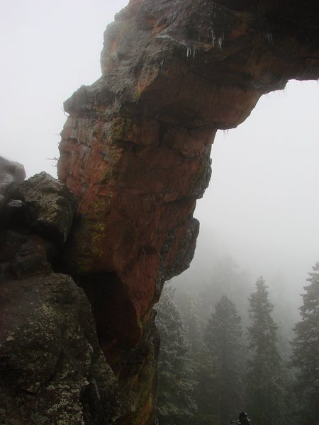 Royal Arch in the freezing drizzle and fog, October 09.  Icicles forming and dropping off.  