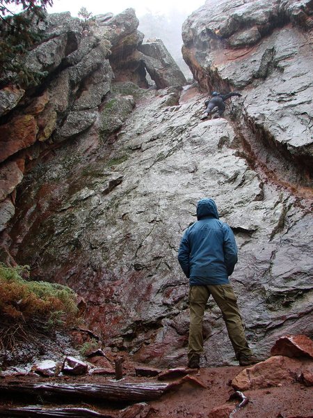 SteveZ on the wet downclimb from Mallory Cave in the freezing rain.  Kinda scary.  Oct. '09.