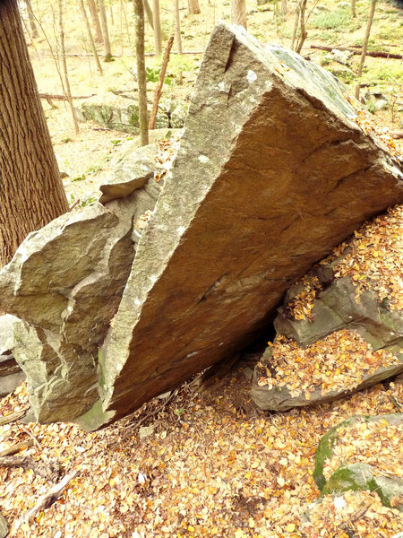 The large angled boulder at the base of the Great Ledge (near Devil's Den) in South-Western CT.