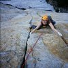 Kelly Kurtz on Central Pillar of Frenzy (5.8+). Photo by Tony B., 5/09.