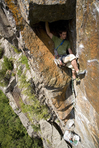 Chimneying high in the corner before breaking out right onto the face.