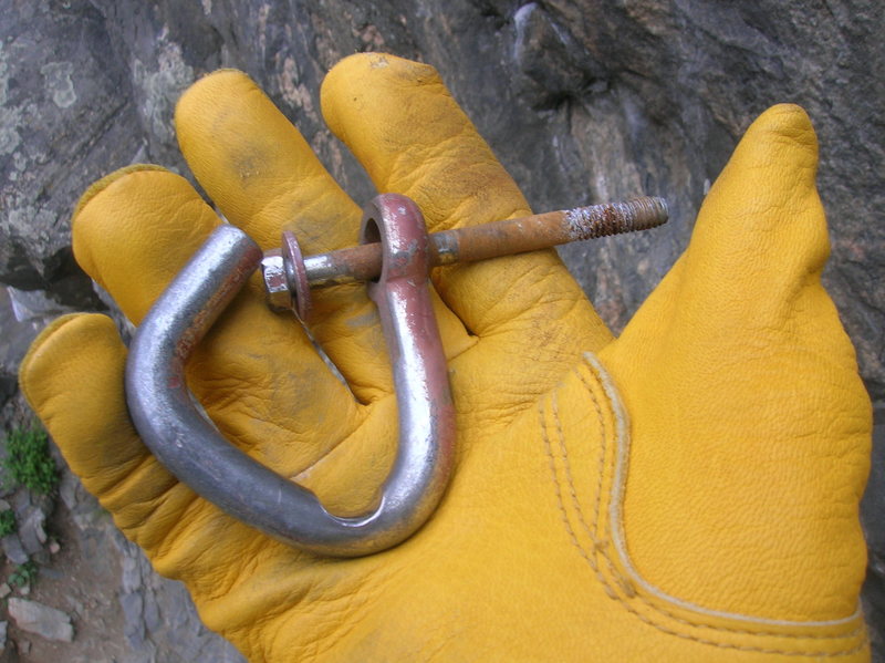 bolt and hook removed from the anchor of Monkey Wrench at Anarchy wall