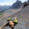 Lola - on top of the pass - Unnamed Lake below.