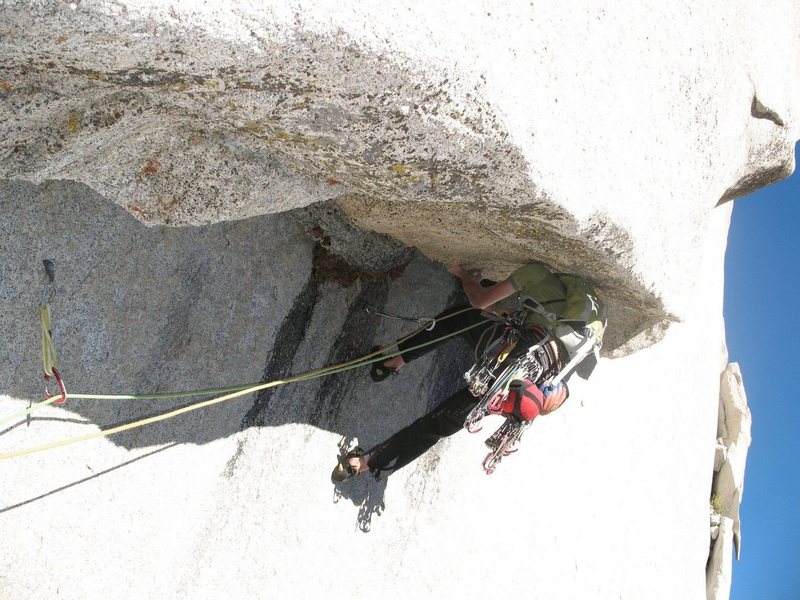 Starting the third pitch of No Country for Old Men -- (rotate the pic so the draws hang down to get the correct angle).<br>
Photo by T. Chrudinsky