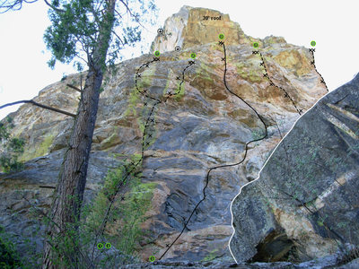 Topo- Center Main Wall<br>
<br>
1 Green Flash 5.11c ***<br>
2 Other Side of <br>
the Fence 5.11c ***<br>
3 Great Leap 5.9+ *<br>
4 Stoop 5.11b **<br>
5 Firefly 5.12c ****<br>
<br>
Rappel stations also shown