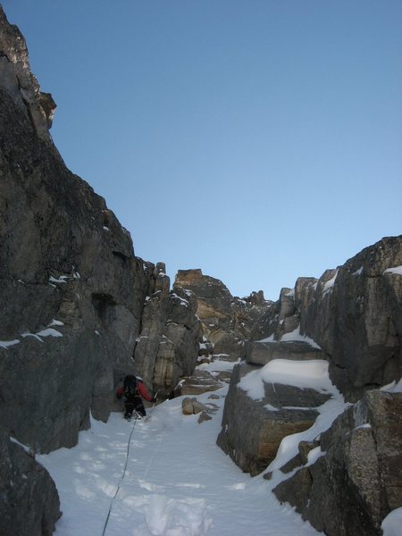 Andy Grauch leading one of the upper pitches of the North Couloir on Mount Toll.  Photo by Chris Sheridan, taken on 9/26/09.