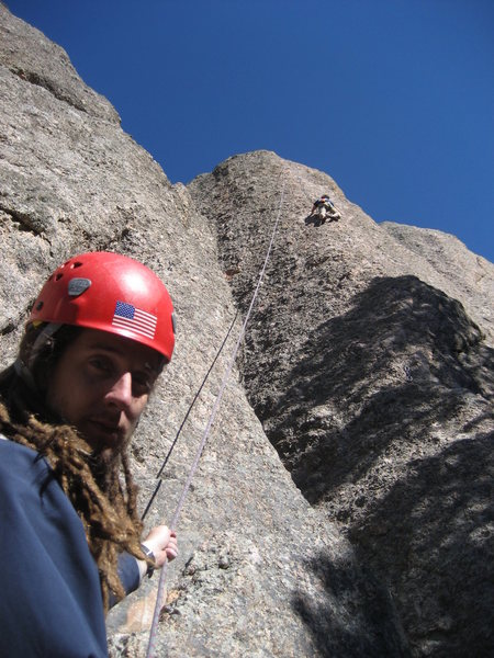 Amos belaying Brent up The Steeple.