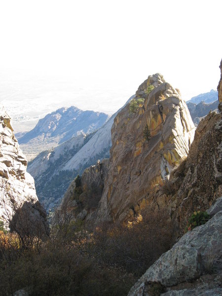 Minerva's Temple (right of center) as seen from Hummingbird Saddle (Organ Needle Normal Route).  Gap between "the Retaining Wall" and Minerva's Temple is center right.