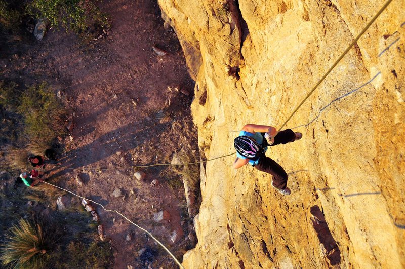 Rappelling down that fall.  Don't know what climbing route that is?