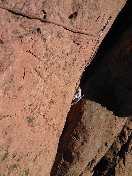 Pennie Schwalm just getting through the crux.