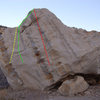 North Face.<br>
Yellow- Bremesis V0<br>
Green- Between the lines V4-<br>
Red- Stairway to Heaven V0