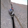 "Feed yourself into the offwidth.  Expect no mercy."  Leading P2 of Abracadaver.  Even though it wasn't one of the crux pitches, I found this to be the most strenuous pitch by far.