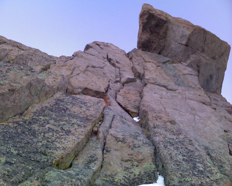The crux headwall of Zumie's Thumb.  Splitter cracks in great rock lead to an incredible summit block.  Photo by Chris Sheridan.