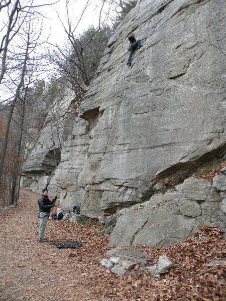 Manasi being belayed by Drew on Squiggles Direct