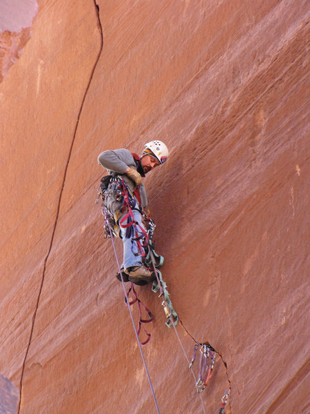 At the crux on Trisstin's Tower.<br>
<br>
After cramming all the gear you can in that pod below me, it's tiny offsets and hand placed peckers to reach the good crack on the left. <br>
<br>
Wheeee....<br>
