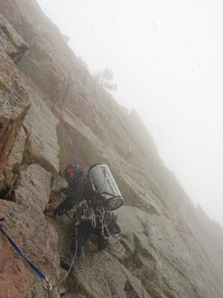 Last pitch, Nov. 14, 2009.  Adam Sinner trying to train for alpine climbing.  I had to convince him to not fill the haul bag with cinder blocks.