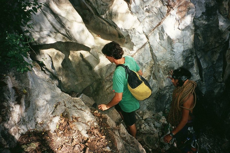 Stan and "Little Spoon" find the entrance to the Secret Cave.  Photo by Tony B. 10/09