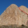 Descent from the summit (read descent for B-Cubed): scramble down in the gully between the domes until hit a large ledge on top of a slab. From there, three single rope raps take you to the base. Double 70mts ropes are short by only 5-7 feet to make it in one rap all the way down. Is easy to downclimb the button but be careful!!!