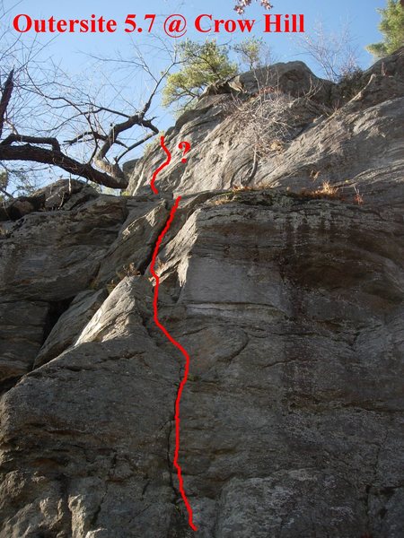 The first pitch follows the thin crack on the arete (between The Chimney and Blue Route).  The second pitch "goes up and right on a steep wall".