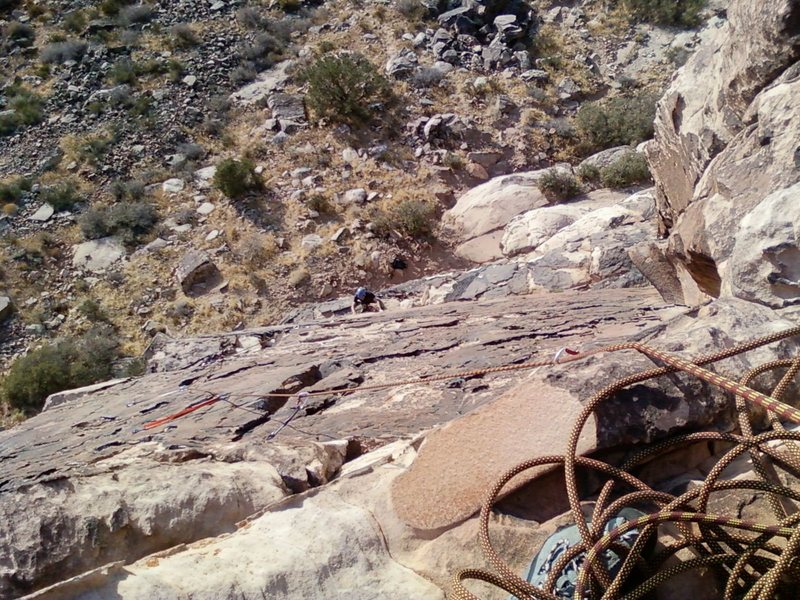 Looking down on Pitch 2 from the belay station. 