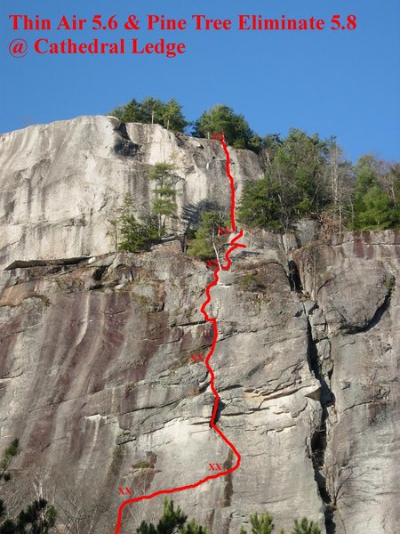 The Thin Air route with Pine Tree Eliminate at the top.  I've used XX to mark belay spots but only the first and second pitch have fixed anchors (bongs and bolts respectively).  Note that the third belay spot I've marked is actually higher up than the standard spot right above the chimney.  I belayed on the ledge slightly below the overlap on the 4th pitch.  I think this was nice and made communication and visibility there really easy.  Obviously, the belay would work from either ledge just fine.