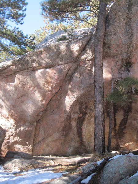 Snake and the Skewer, V6ish. Located just downhill from Childbirth. Please correct me if I'm wrong.