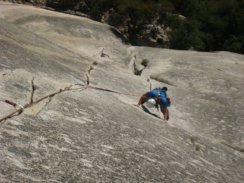 Harz on the delicate traverse on pitch 2