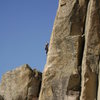 Blue Sky, warm granite, and fun climbing. Just another day at Woodfords. This climber is on the 5.8 crack at the Books area.