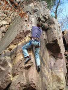 Dave Nelson climbing lower arete of Faith Hope Tension after making the traverse over from the right on 11-21-09.