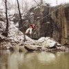 The first (and only?) tyrolean traverse of Rock Creek.  Scott Danforth in winter conditions, 1982.