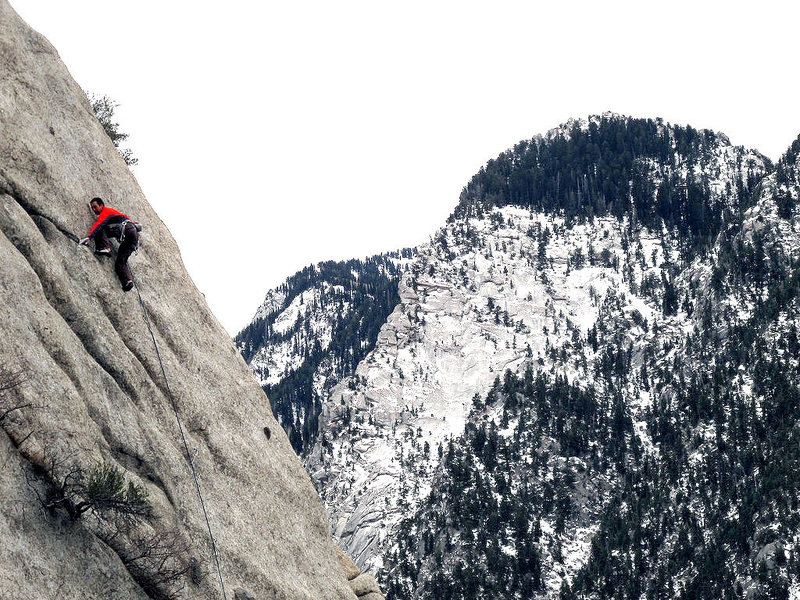 Lance climbing The Cracked Egg. <br>
<br>
Photo: Clay Watson 