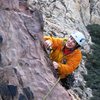 Crux finale on pitch 4 of Peanut Brittle.  Another couple of feet and the P girl is on the big belay ledge.  Must be wondering about the dubious jugs...