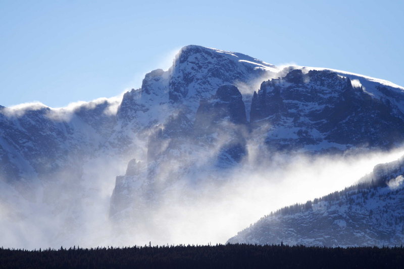 Spindrift shrouds Hallet Peak in Rocky Mountain National Park, Colorado.