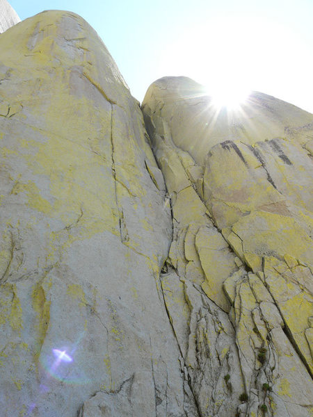 Looking up at The Sarcophagus.  The blocky, loose face on the left is the regular start.  We took the steep crack on the right.