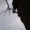 B. Wagner silhouetted on the hanging/humpy crux of Electric Cowboy! Get over that, ride the bull and you're home free. Yee-Haw